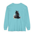 Black Cat Watercolor Dream long sleeve t-shirt featuring a vibrant and artistic watercolor design of a black cat against a dreamy backdrop