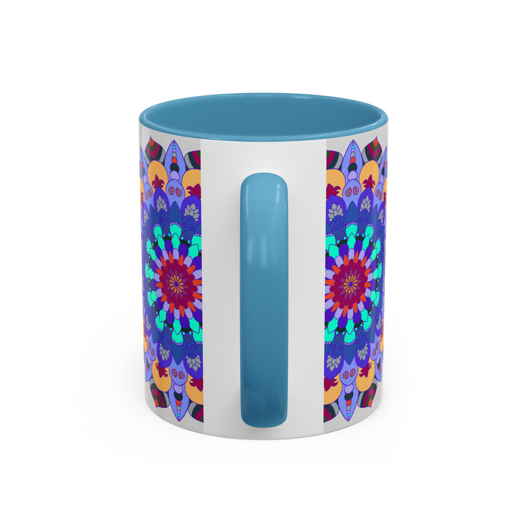 A colorful and symmetrical mandala art mug, with intricate designs