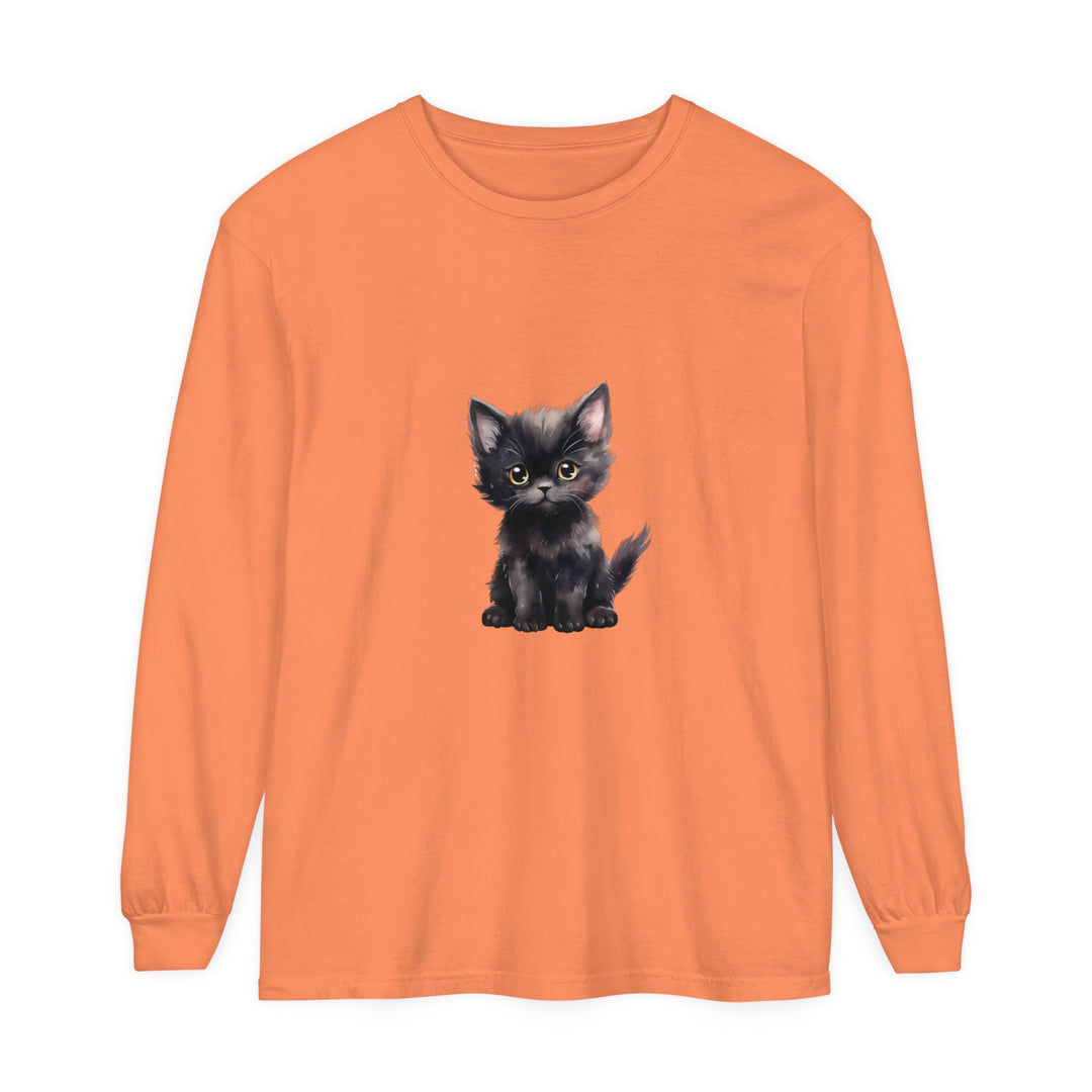 A cute black kitten with bright yellow eyes, printed on a comfortable long sleeve t-shirt