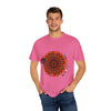 A unisex Halloween mandala T-shirt featuring handmade pumpkin mandala art, garment-dyed for a unique look