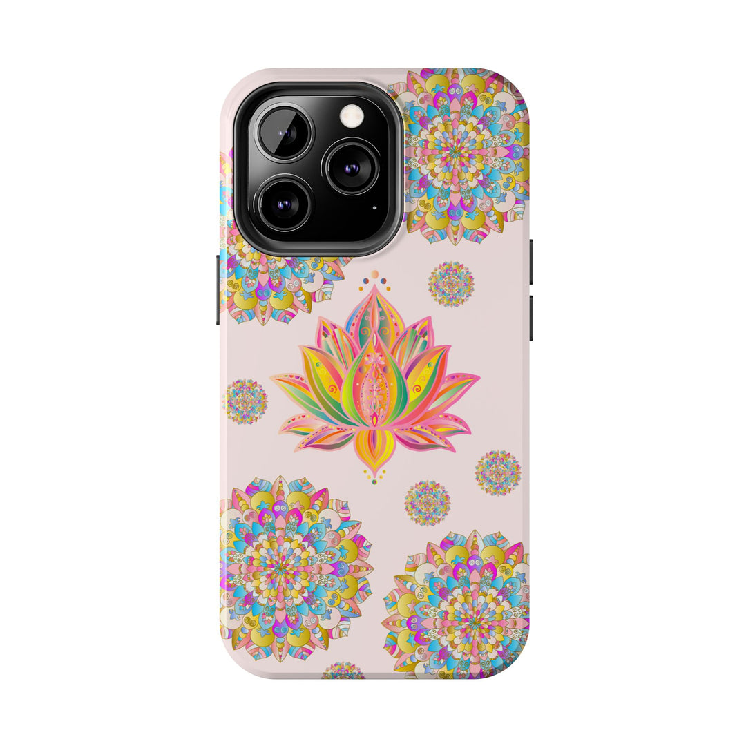 Beautiful light pink phone case with intricate lotus flower mandala design