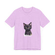 Black cat design t-shirt with a mystical kitten illustration in dark shades