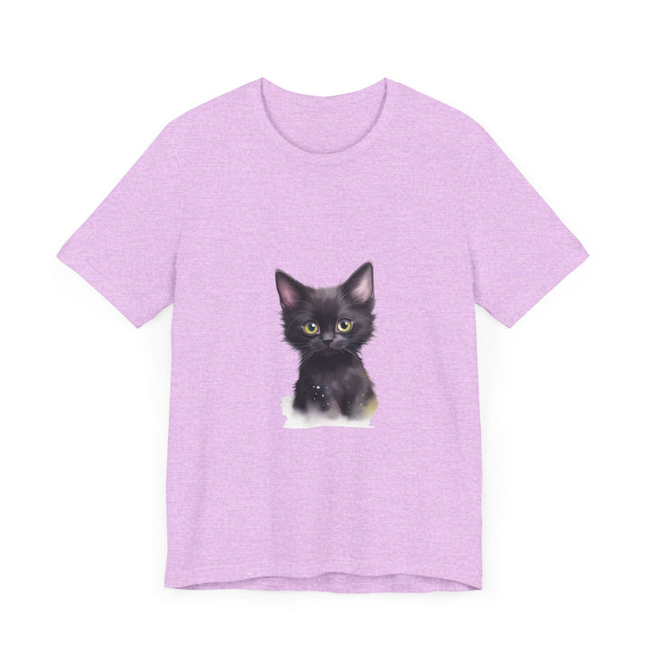 Black cat design t-shirt with a mystical kitten illustration in dark shades