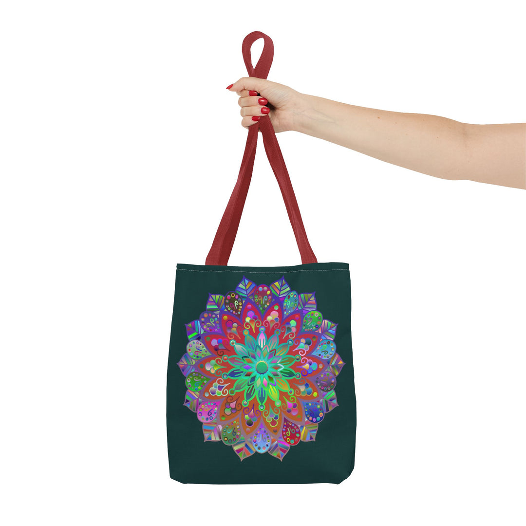 Elegant dark green tote bag with intricate and colorful mandala print