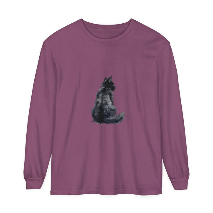 Black cat silhouette long sleeve t-shirt on woman in the woods