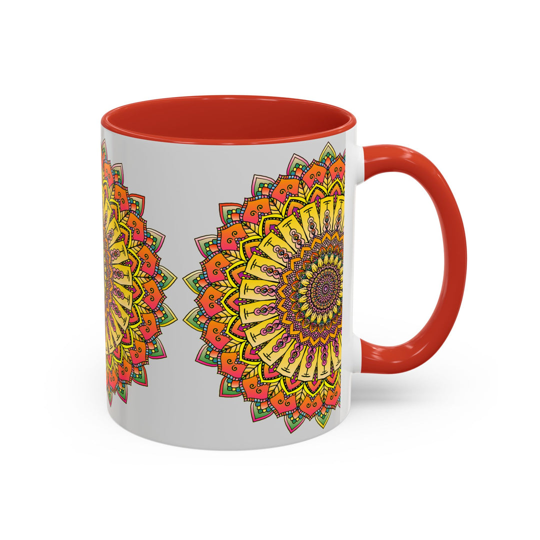 Grey mug with colorful and intricate mandala design in vibrant colors