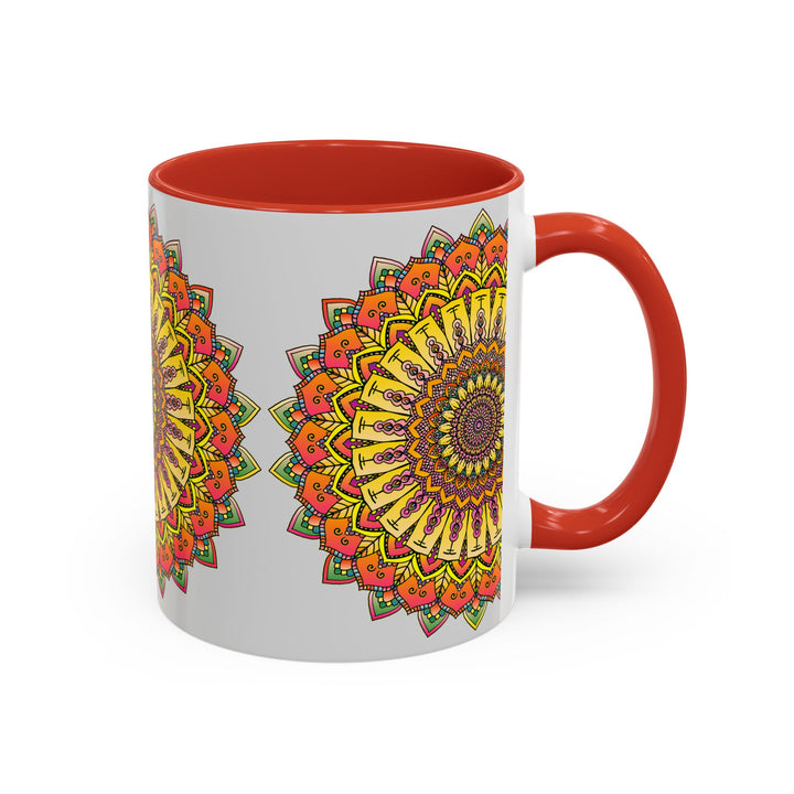 Grey mug with colorful and intricate mandala design in vibrant colors