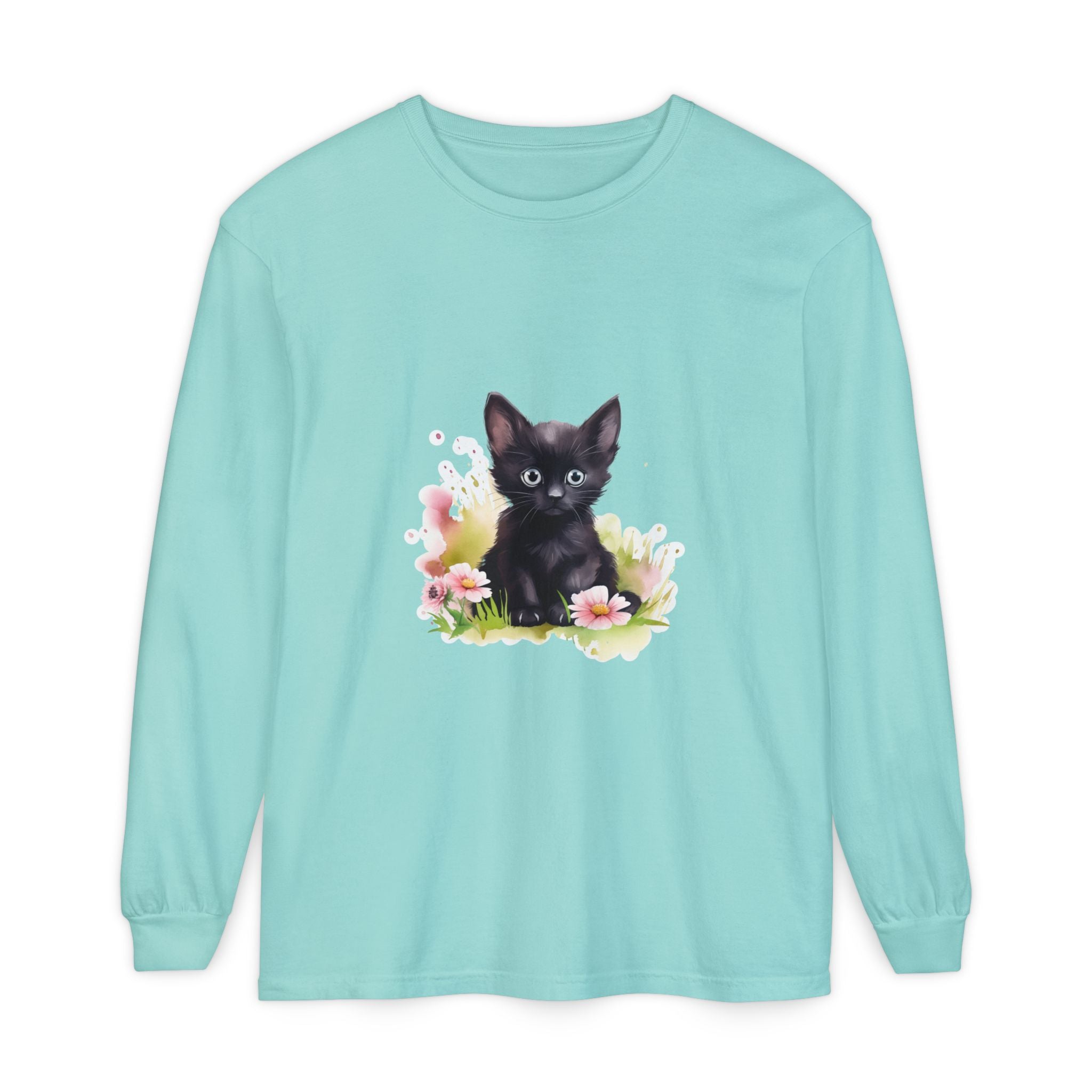 Langarmshirt | Schwarzes Kätzchen & rosa Blumen