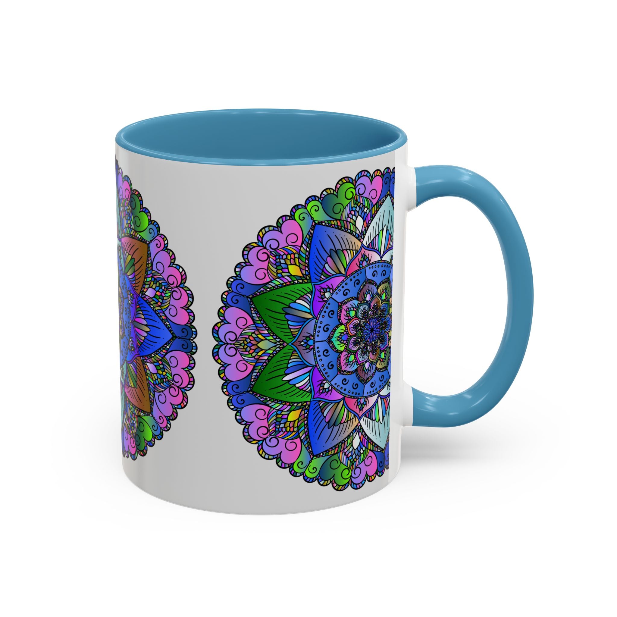 A vibrant and intricately designed mandala ceramic mug, featuring colorful and peaceful art