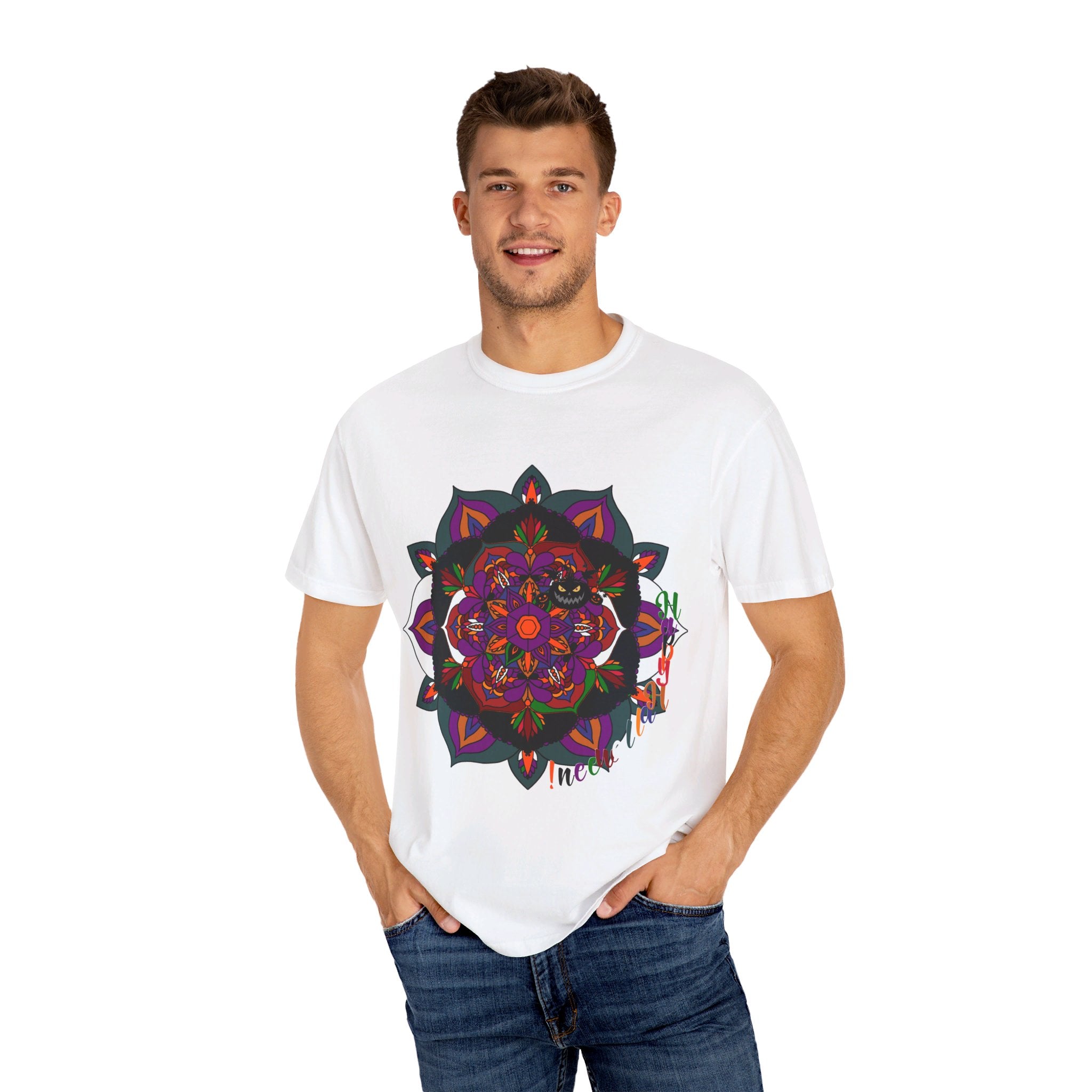 Handmade unisex Halloween Mandala T-shirt featuring intricate pumpkin mandala art on a garment-dyed tee