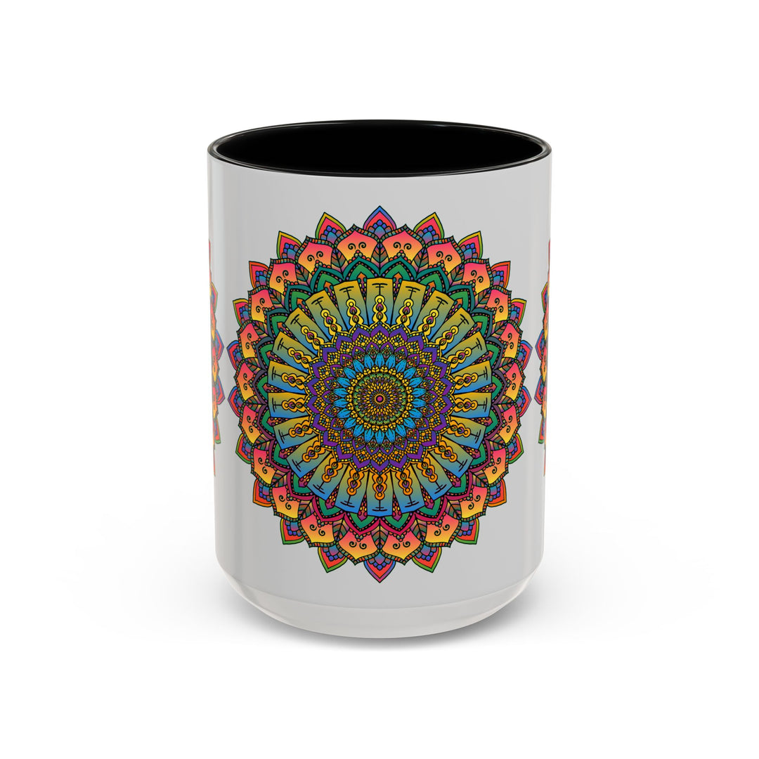 Handcrafted ceramic mug featuring a vibrant mandala design in various shades of blue, green, and yellow, perfect for your morning coffee or tea ritual