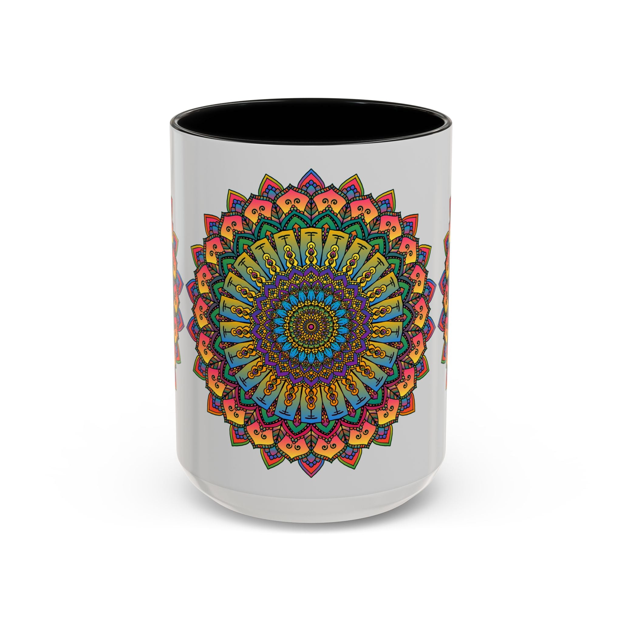 Handcrafted ceramic mug featuring a vibrant mandala design in various shades of blue, green, and yellow, perfect for your morning coffee or tea ritual