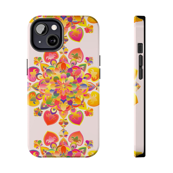 Beautiful hand drawn mandala art phone case with intricate designs and vibrant colors