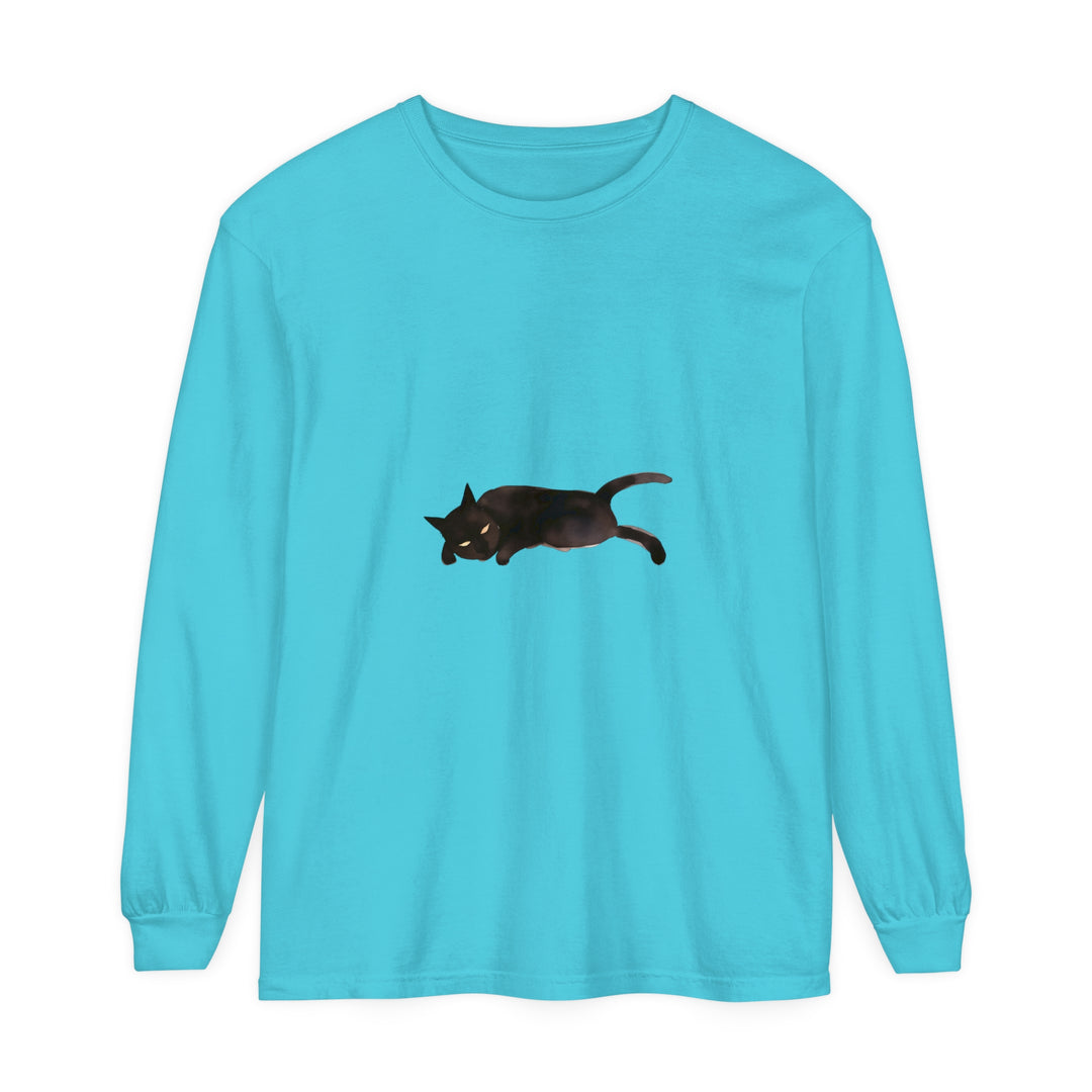 A black cat peacefully sleeping on a unisex long sleeve t-shirt