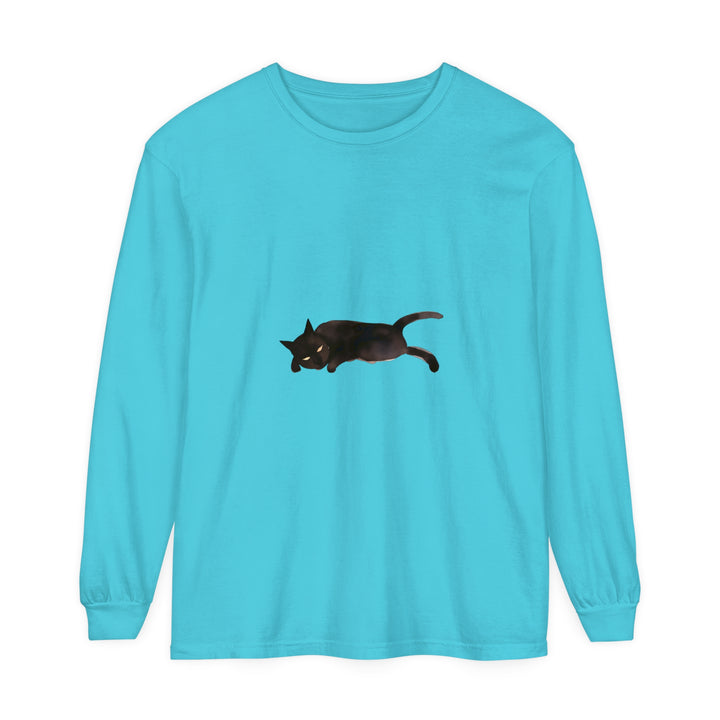 A black cat peacefully sleeping on a unisex long sleeve t-shirt