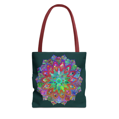 Dark green mandala tote bag with intricate and colorful design