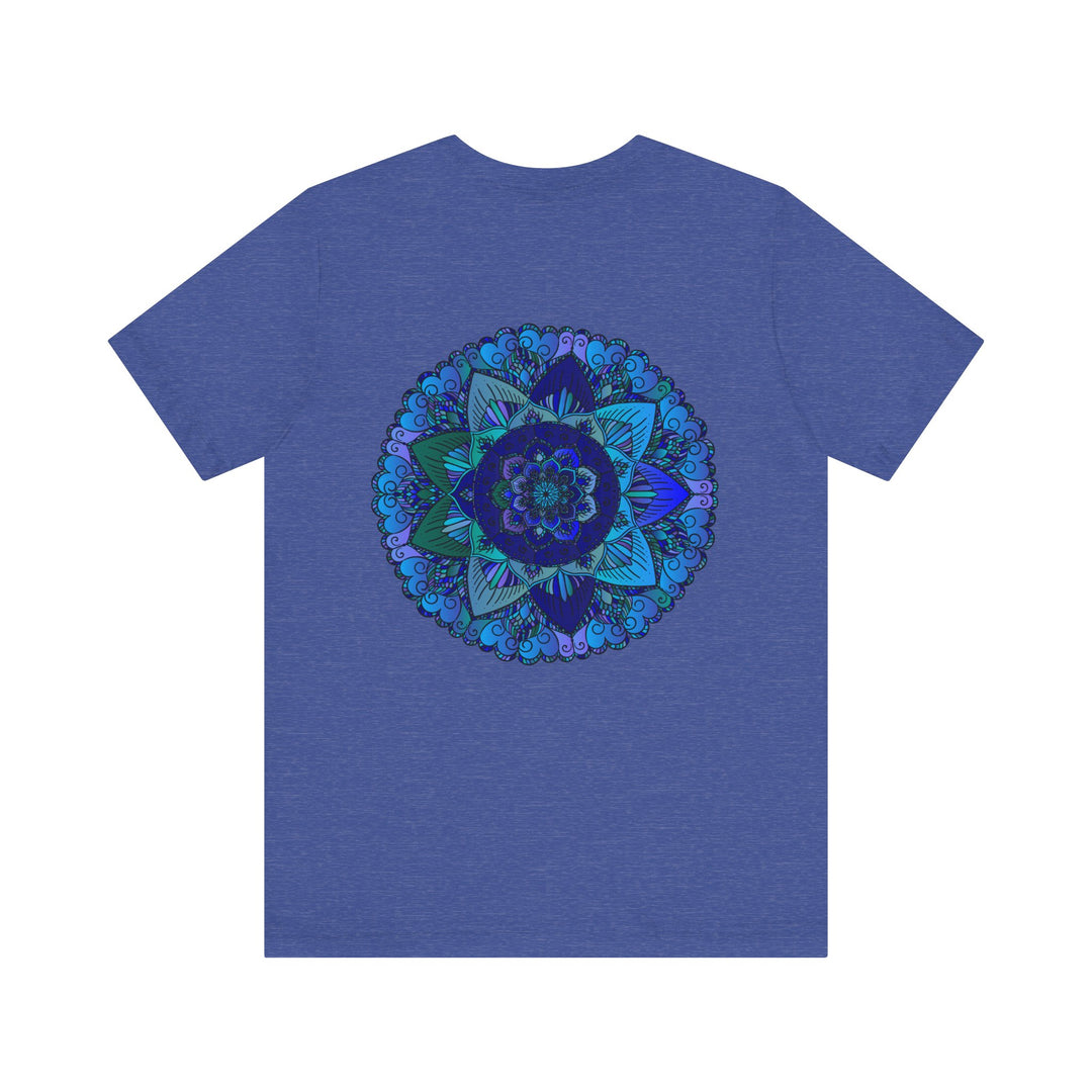 A beautiful blue mandala t-shirt featuring intricate spiritual patterns for peace and harmony