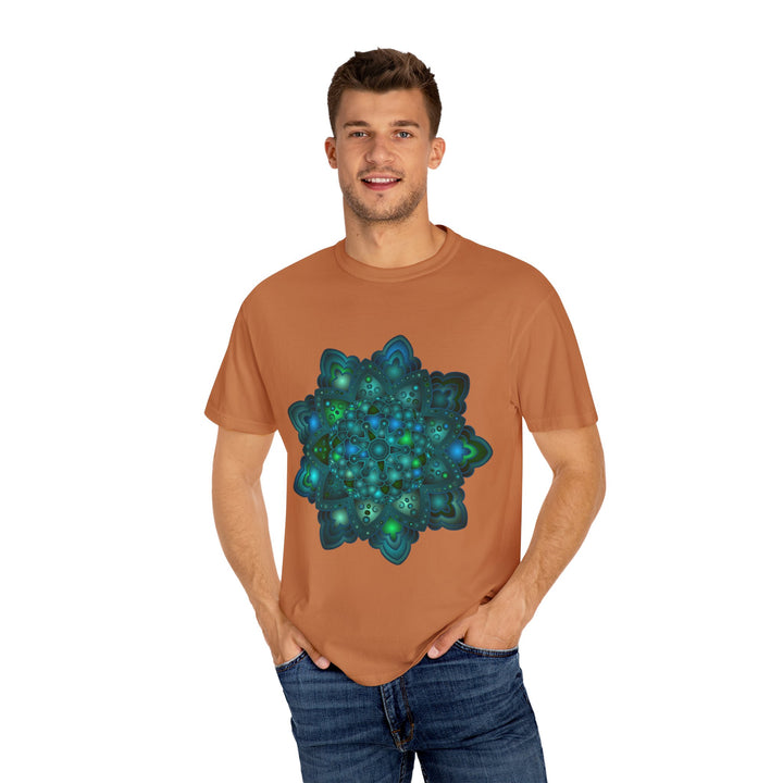 Beautiful unisex t-shirt featuring an intricate blue and green mandala design