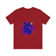 Whimsical blue and pink cat t-shirt with cute feline design