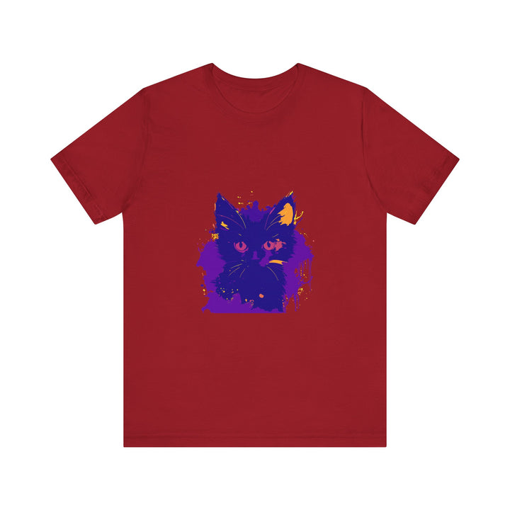 Whimsical blue and pink cat t-shirt with cute feline design