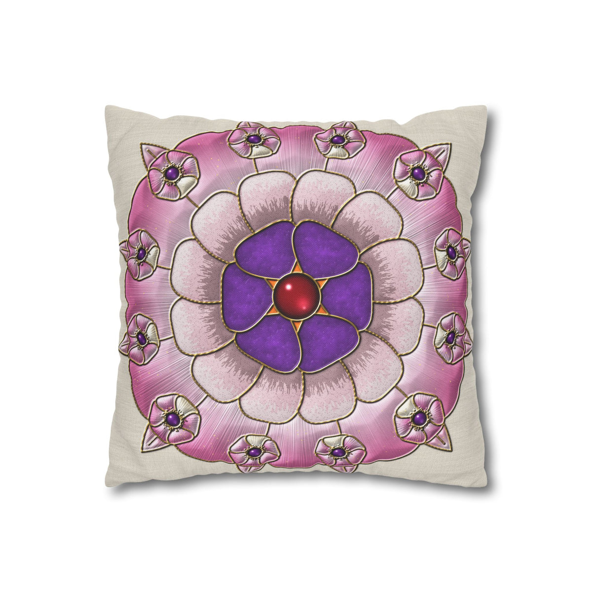 Federa quadrata con motivo a mandala floreale rosa e viola