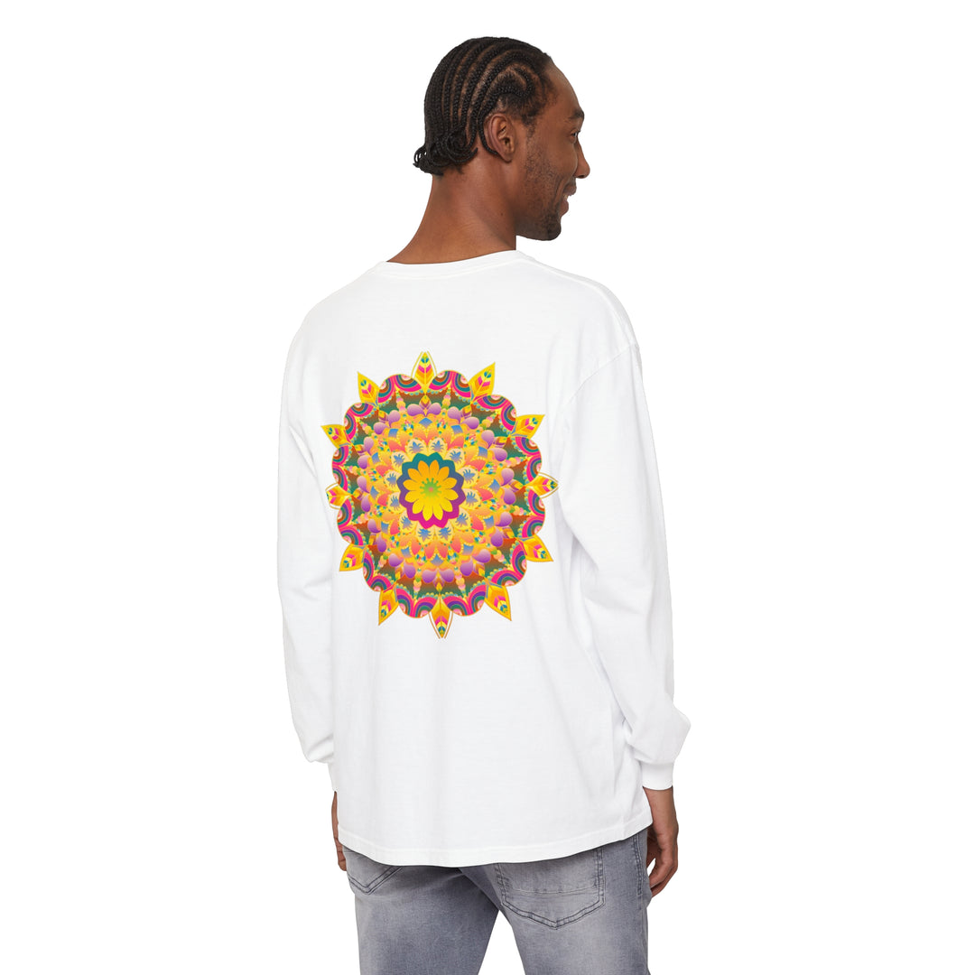 Colorful and intricate mandala design featured on a long sleeve t-shirt