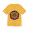 A vibrant and detailed mandala tee with an intricate and colorful design