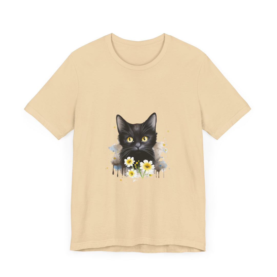 A black cat with striking yellow eyes printed on a high-quality cotton t-shirt