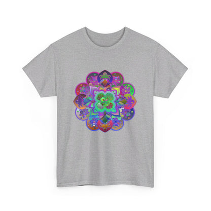 Colorful mandala art design printed on a comfortable unisex cotton t-shirt, perfect for yoga and mindfulness practices