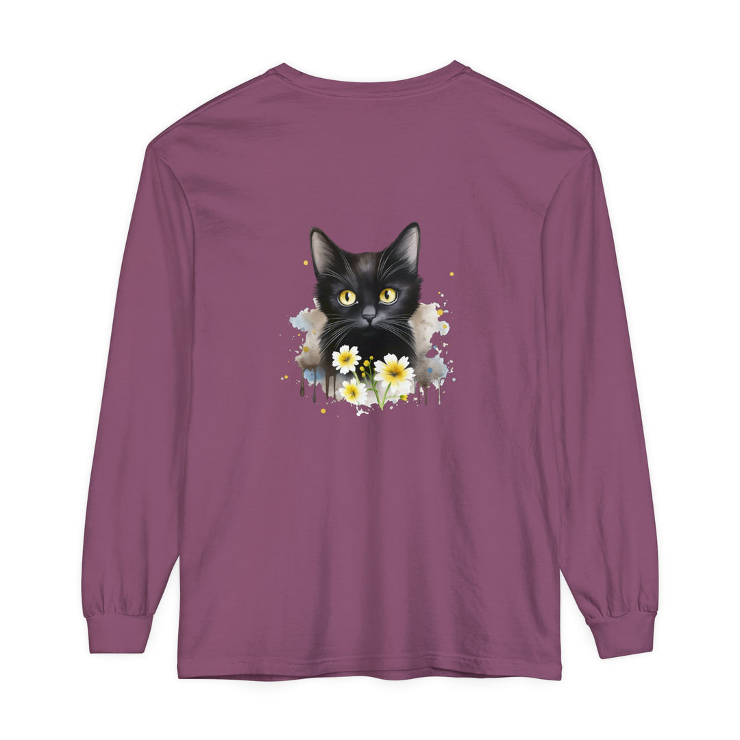 Black Cat Watercolor Floral Unisex T-Shirt, featuring a beautiful hand-painted floral design with a black cat, perfect for both men and women