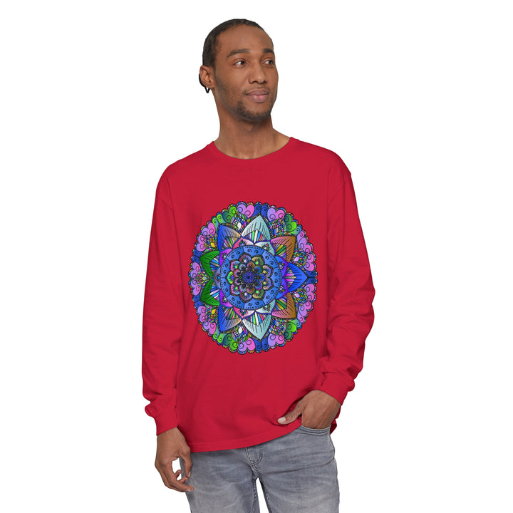 Colorful and intricate mandala design on a unisex long sleeve t-shirt