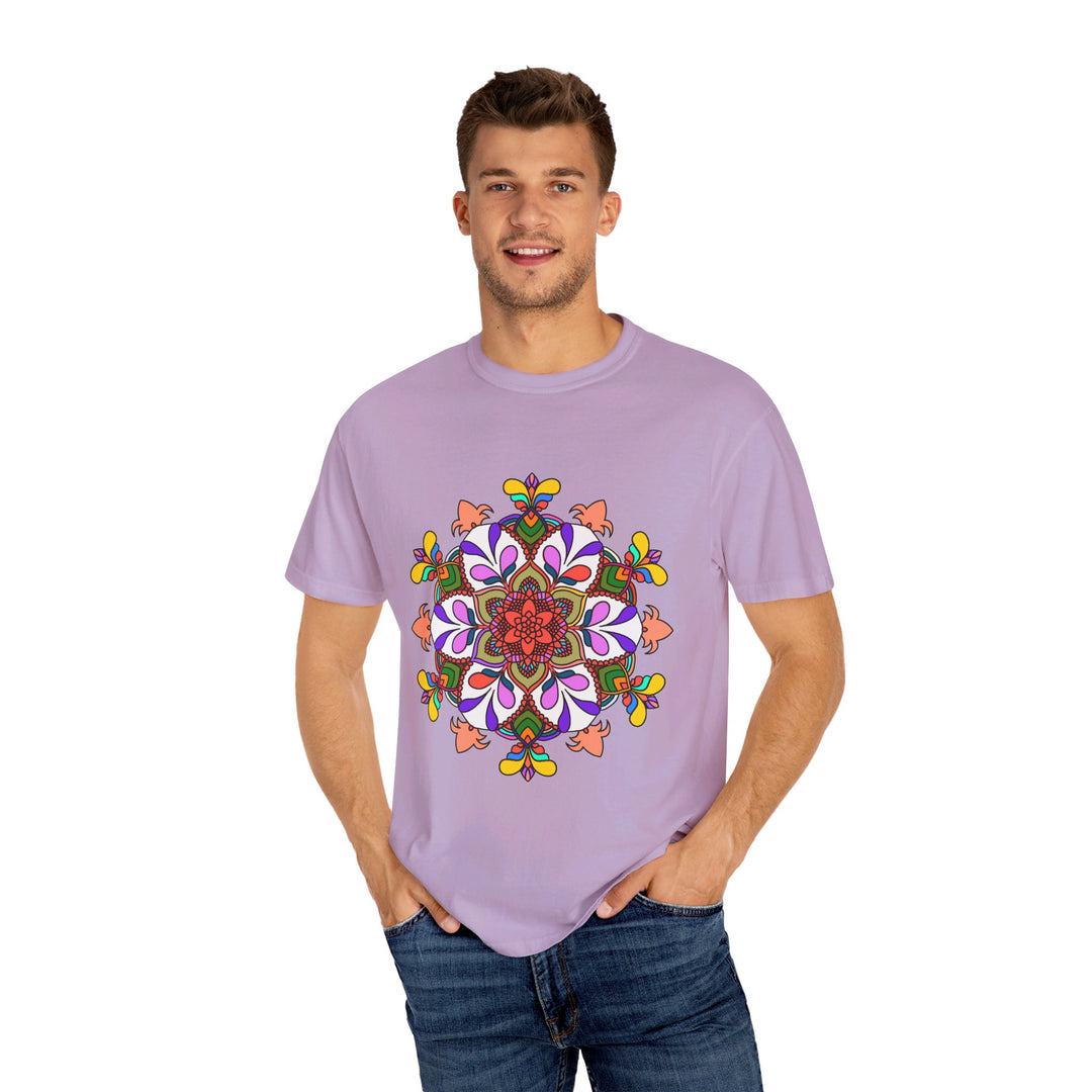 Unisex Mandala T-Shirt made from 100% ring-spun cotton, featuring hand-drawn mandala art and garment-dyed for extra comfort