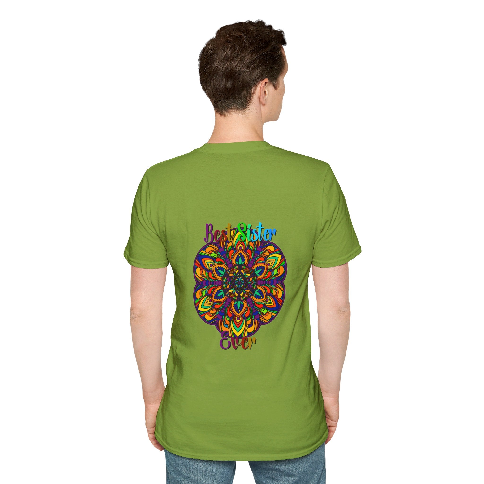 Colorful and intricate hand-drawn mandala art design on a soft unisex t-shirt, perfect as a thoughtful gift for your sister