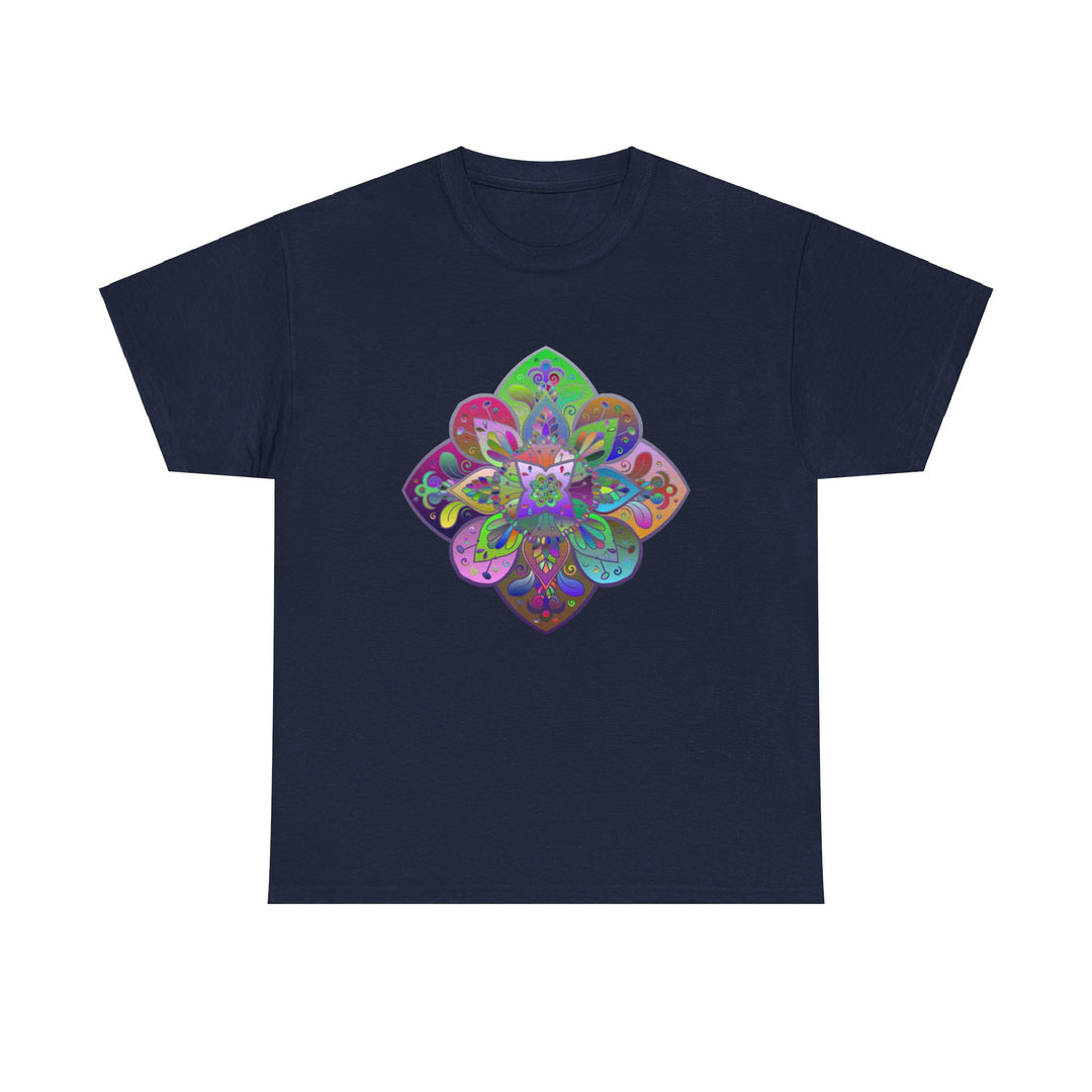 White unisex heavy cotton tee featuring a colorful mandala art design, perfect for yoga and mindfulness practice