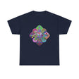White unisex heavy cotton tee featuring a colorful mandala art design, perfect for yoga and mindfulness practice