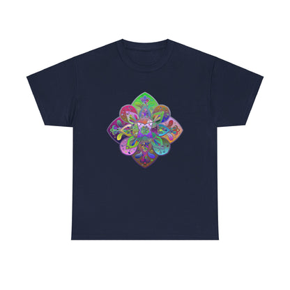 White unisex heavy cotton tee featuring a colorful mandala art design, perfect for yoga and mindfulness practice