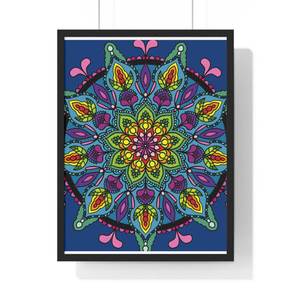 Beautiful hand-drawn blue mandala art framed poster for mindfulness and yoga