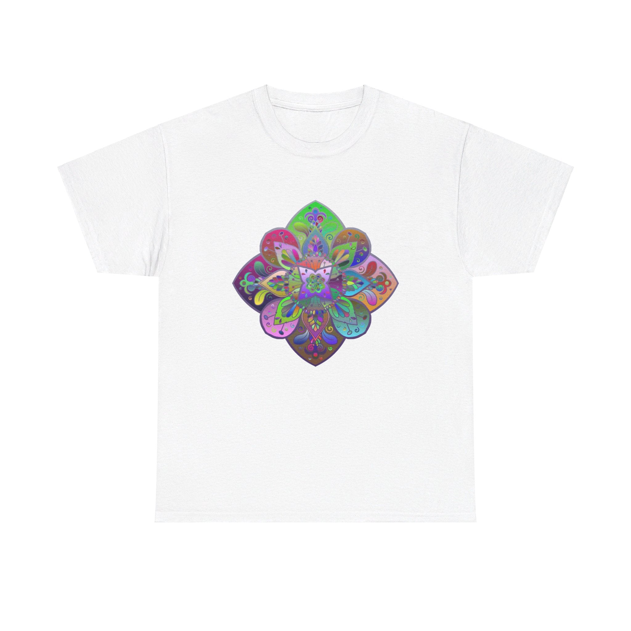 Colorful mandala art design printed on a comfortable unisex heavy cotton tee for yoga and mindfulness practice