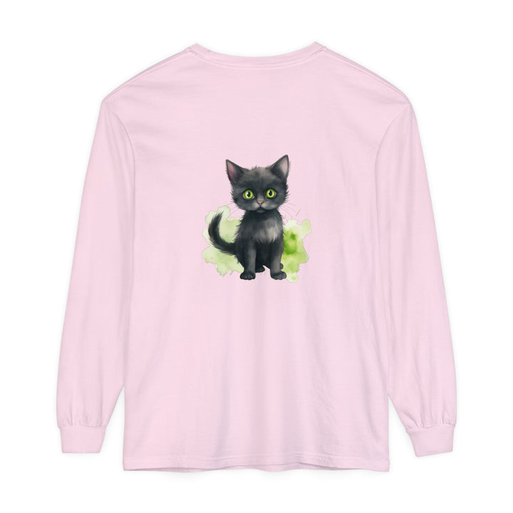 Black cat watercolor long sleeve t-shirt with vibrant and detailed feline design