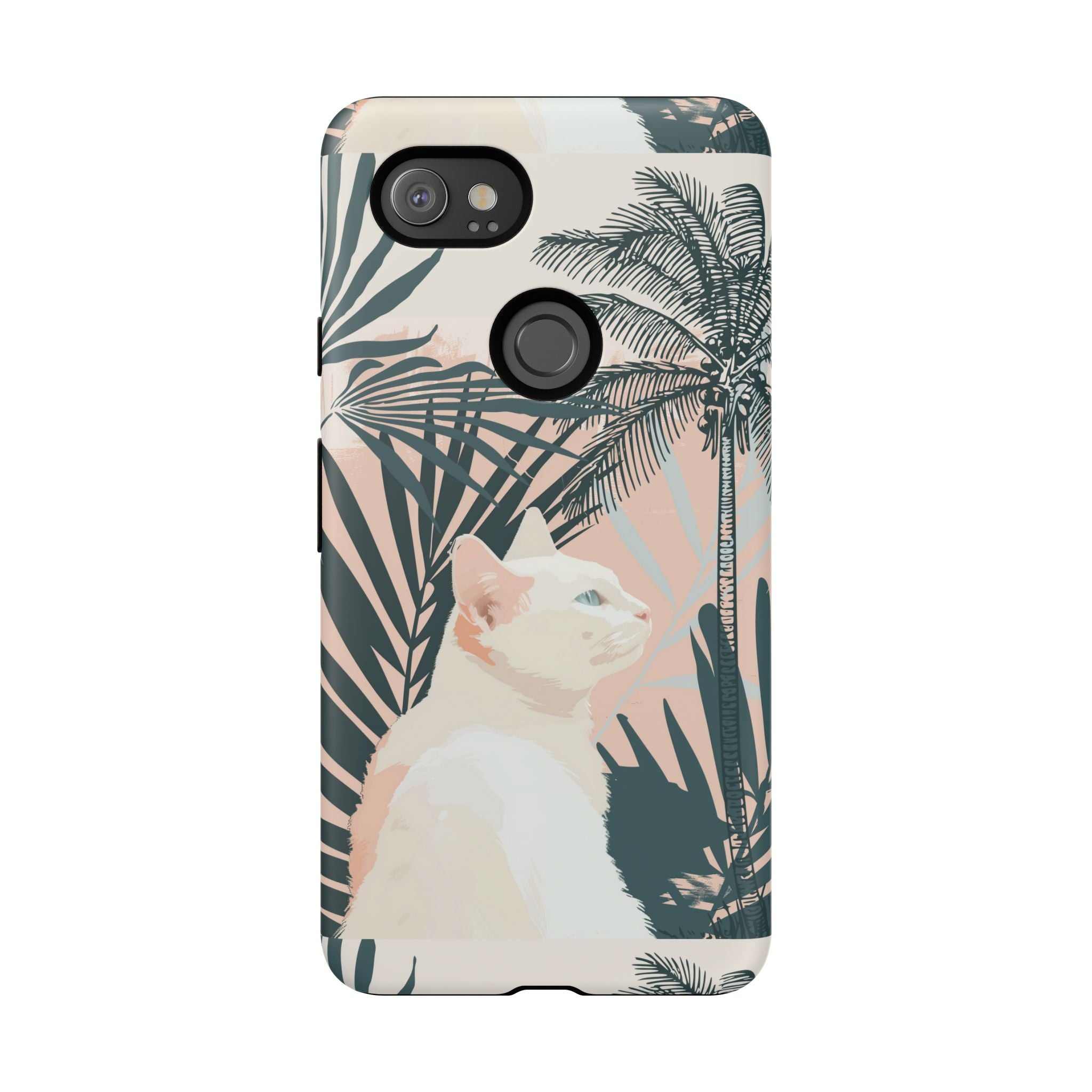 Custodia per telefono con gatto tropicale, motivi di palme lussureggianti e tenui colori pastello