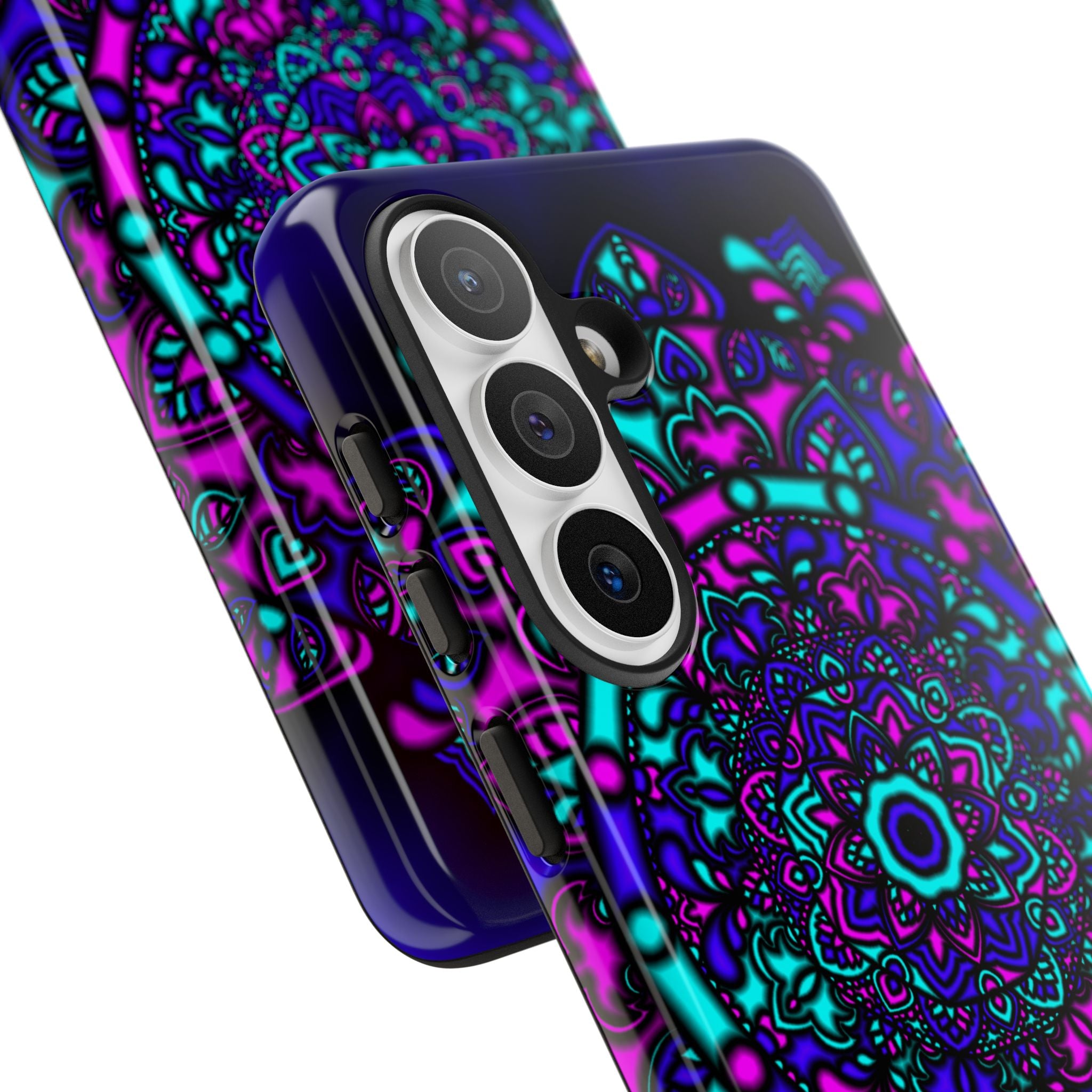 Cover protettiva resistente per telefono Mandala Neon — Viola e Verde acqua