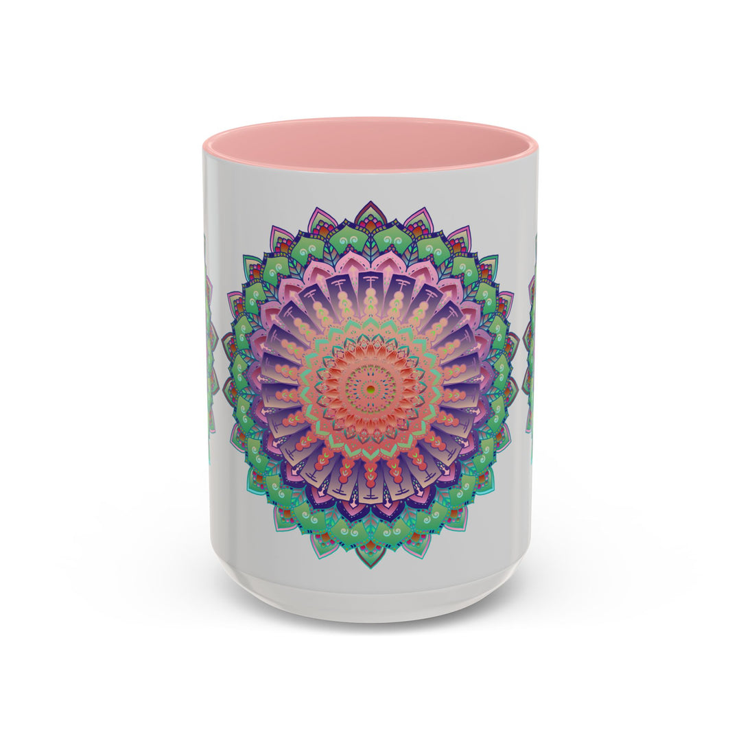 A vibrant and intricately designed mandala art mug featuring colorful floral patterns and a unique, eye-catching aesthetic