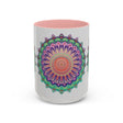 A vibrant and intricately designed mandala art mug featuring colorful floral patterns and a unique, eye-catching aesthetic