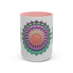 A vibrant and intricately designed mandala art mug featuring colorful floral patterns and a unique, eye-catching aesthetic
