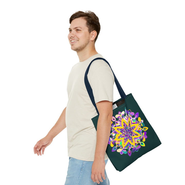 Dark green tote bag featuring a colorful mandala design, perfect for the zen girl on the go - Blululi