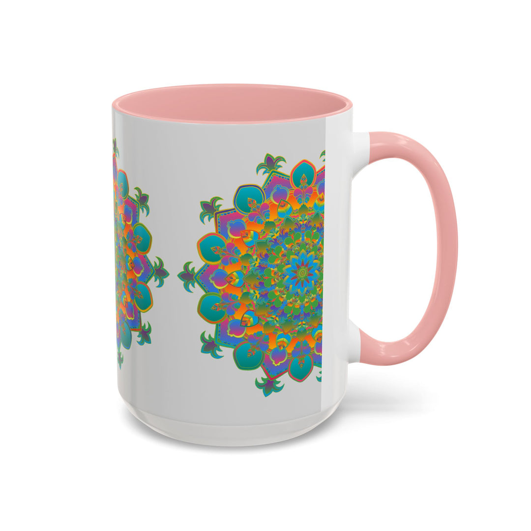 A close-up image of a Mandala Art Mug with a colorful and intricate design featuring geometric patterns and vibrant colors