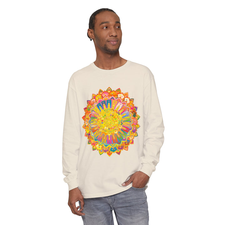 Intricate Mandala Unisex Long Sleeve T-Shirt with detailed geometric design in multiple colors