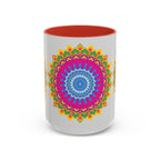 Beautiful mandala art mug featuring a vibrant and colorful geometric design