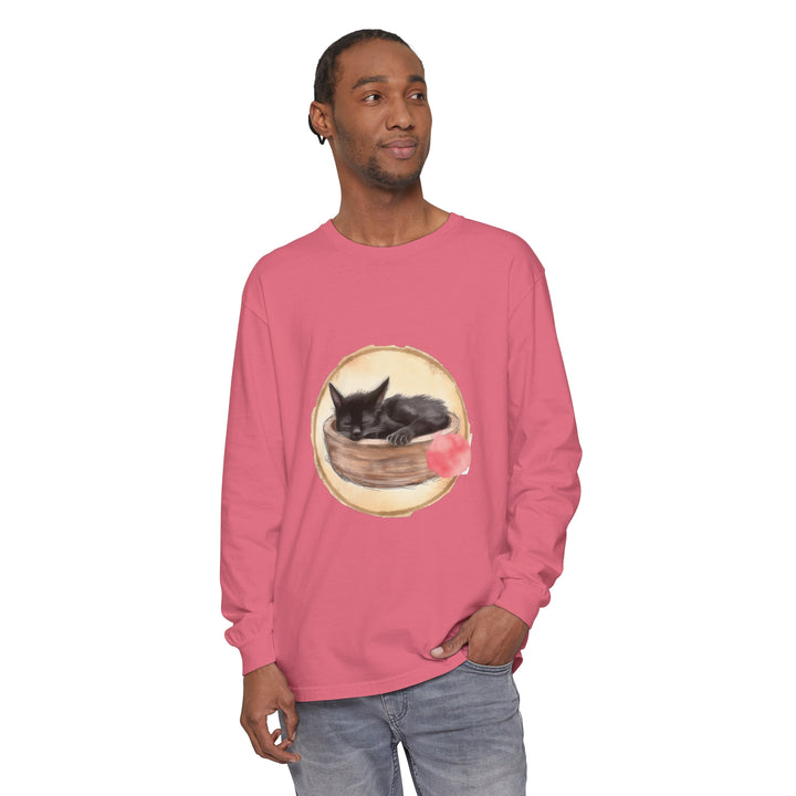 Sleeping cat in bowl watercolor long sleeve t-shirt with vibrant colors