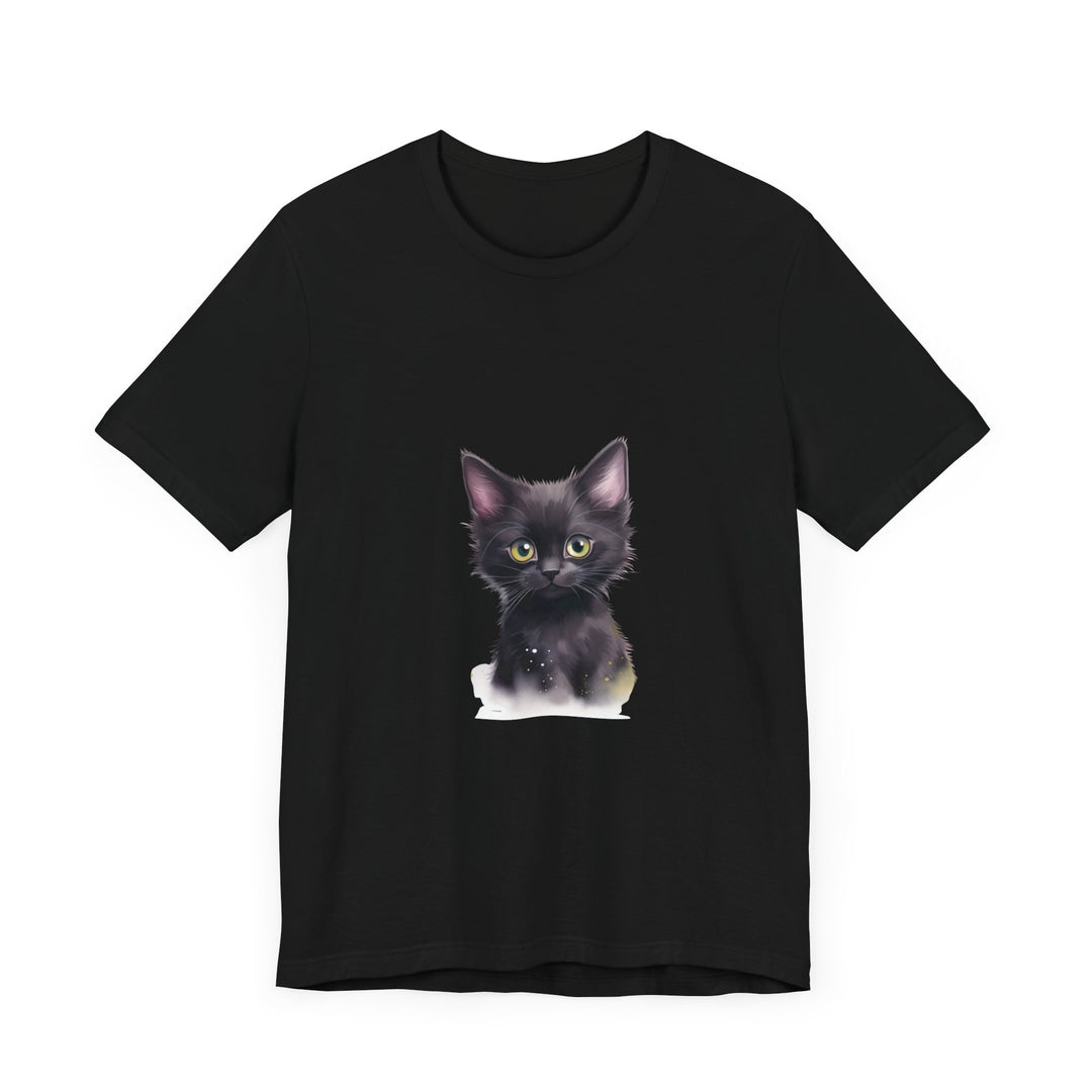 Black t-shirt featuring a mystical and playful kitten design with a black cat, moon, and stars